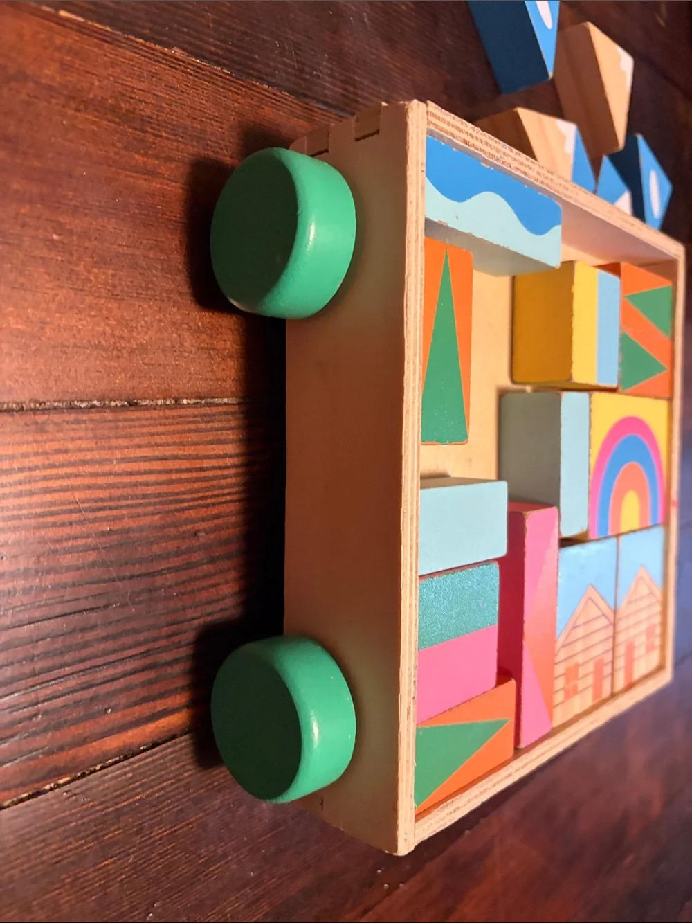 Wooden Building Block Set - 18 colorful painted wooden blocks rolling tray